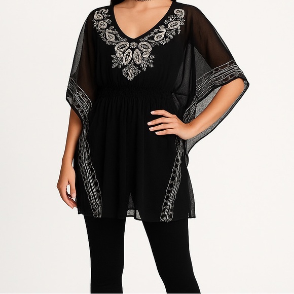 Fun & Flirt Black Boho Embroidered Sheer Tunic Top | Flowy Kimono Sleeve - Picture 3 of 14